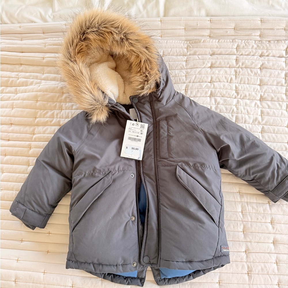 Zara Gray Kids Puffer Jacket with Faux Fur Hood